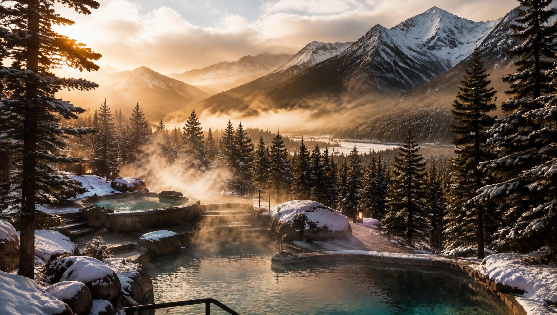 Steaming outdoor pools among snowy pines in Kananaskis